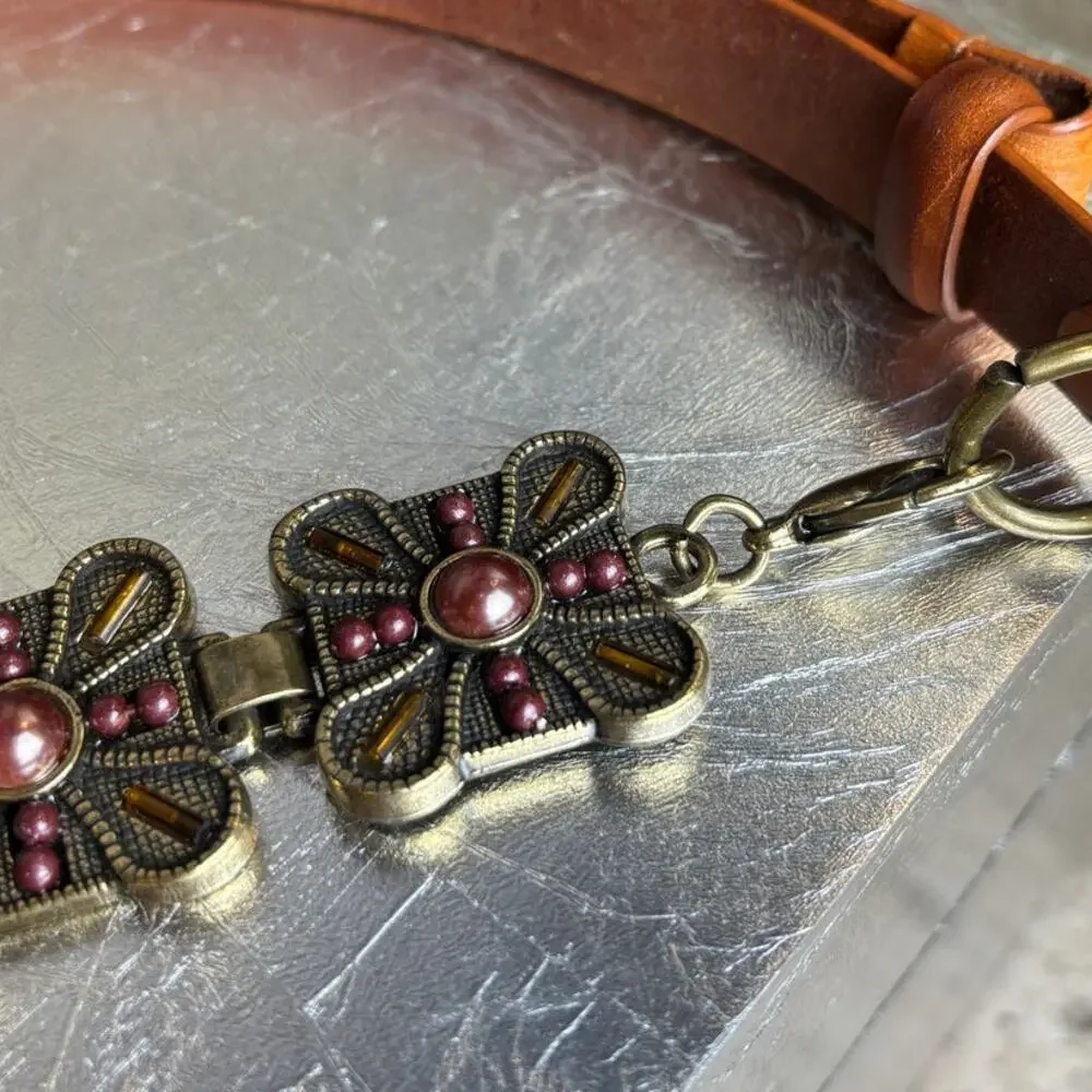 Chico's Bronze Purple Medallion Stone Brown Leather Adjustable Belt M/L EUC